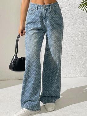 jacquard embossed pleated textured denim pants ripped details  wide leg